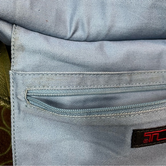 TUMI Wool Leather Trim Tote Shoulder Bag and Wallet Brown Green 13"x9.5" Circles - Picture 14 of 16